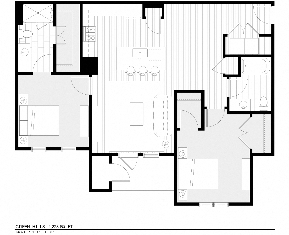 Floor plan for 2 beds, 2 baths, 1223 sqft